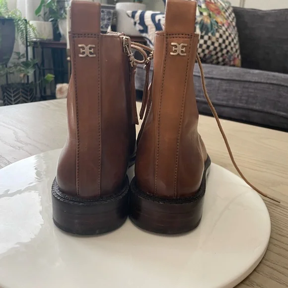 Ladies Sam Edelman Tan Leather Lace-Up Ankle Boots - Picture 3 of 4